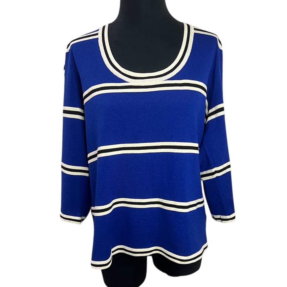 St. John Blue Black White Striped 3/4 Sleeve Pull-over Wool Sailor Sweater